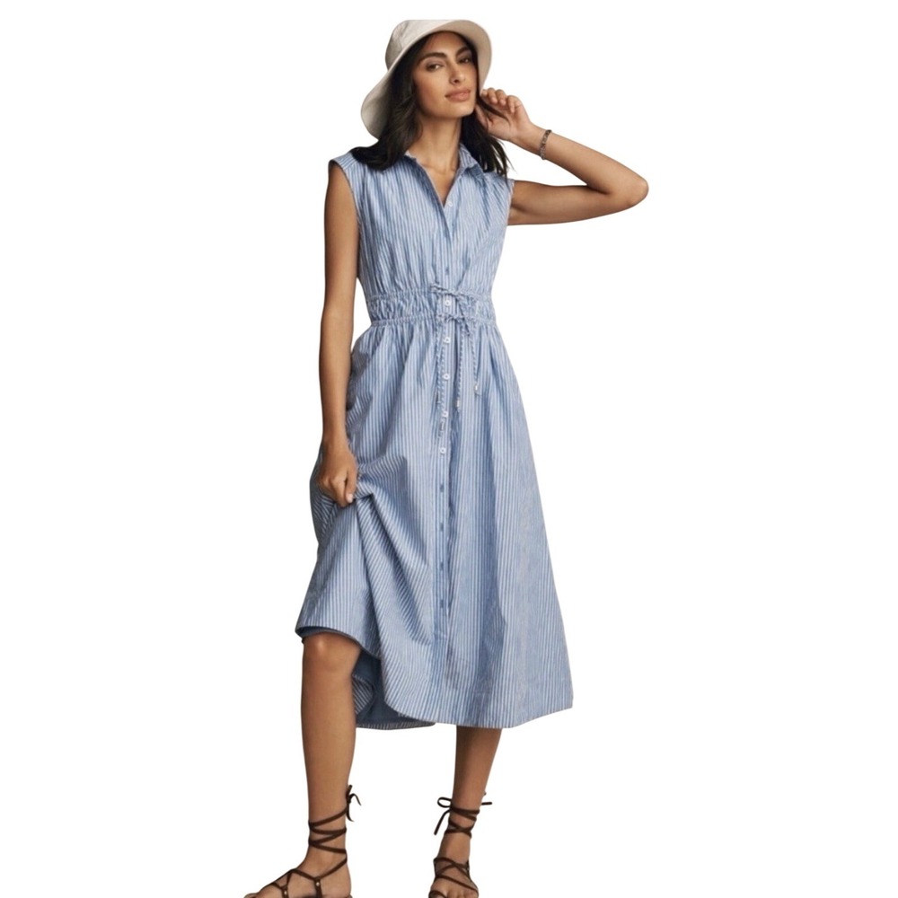 Anthropologie Maeve Blue Stripe Cotton Shirt Dress Coastal Preppy XXS